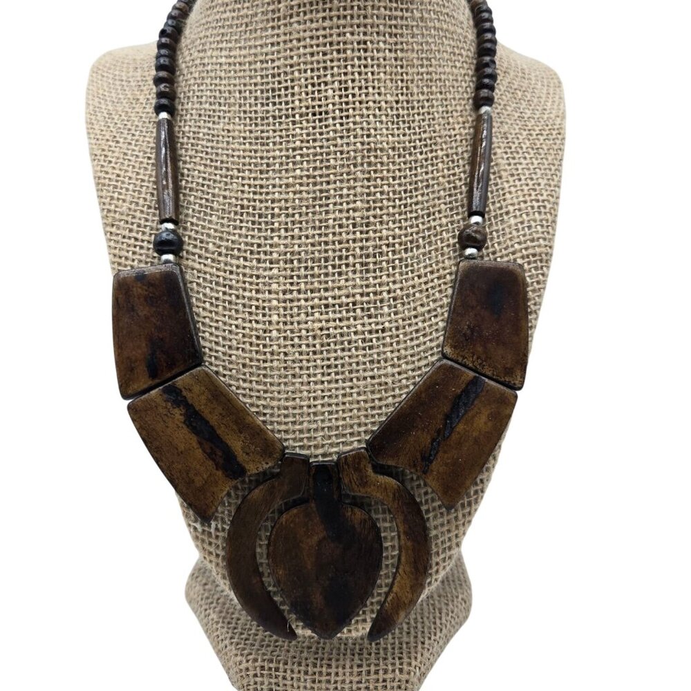 New Artisan Handcrafted Wood Resin Tribal Necklace Geometric Boho
